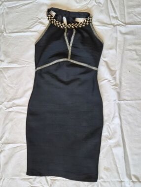 Vintage Y2k Black Bandage Bodycon Dress Gold Rhinestones V-neck Mini